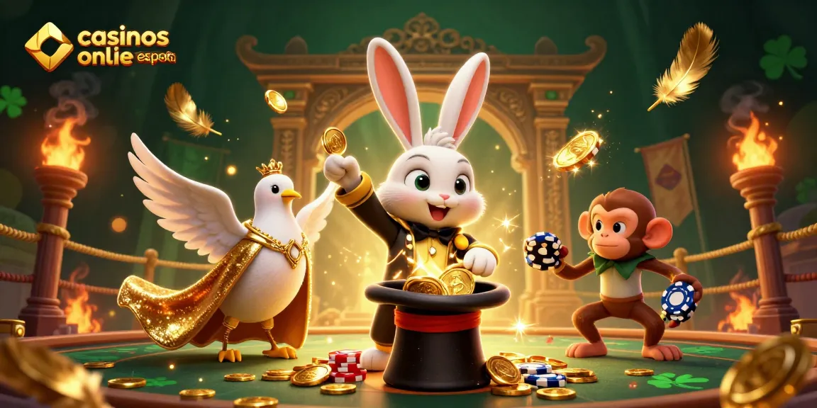 Los mejores casinos online en España, un conejo mágico y un loro en un espectáculo lleno de oro y emoción.
