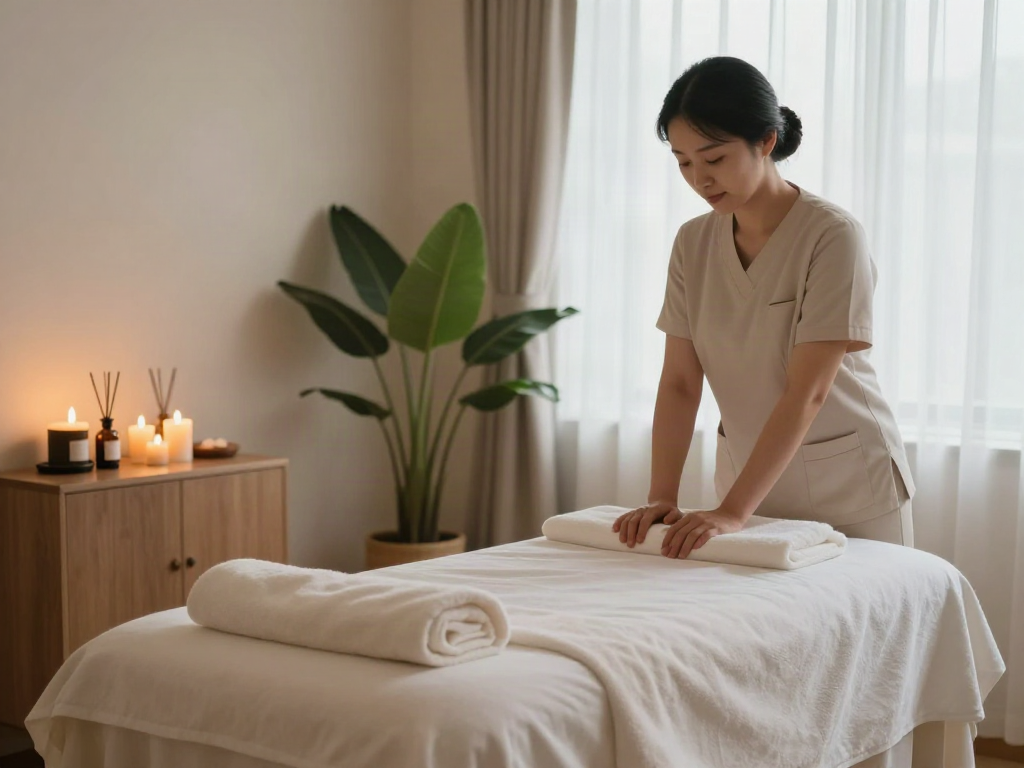 Relaxation scene for 김포출장마사지 with ambient lighting, massage table, and soothing decor.