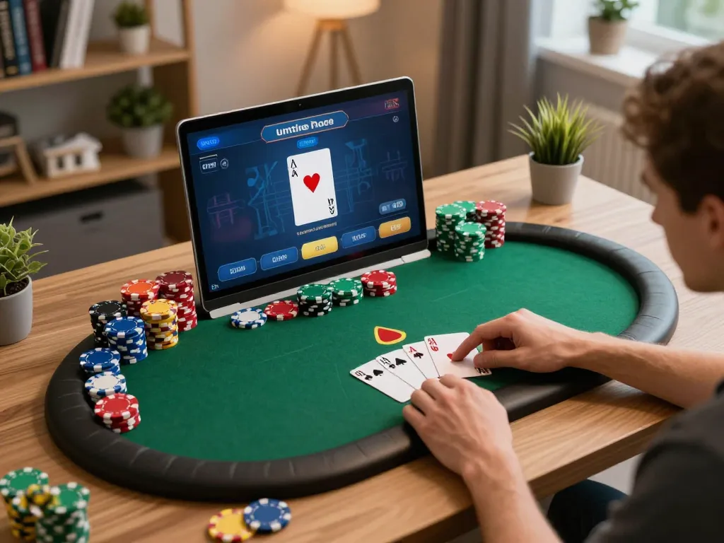Engaging online poker gameplay on laptop showcasing nk88 com interface with vivid chips and strategy notes nearby