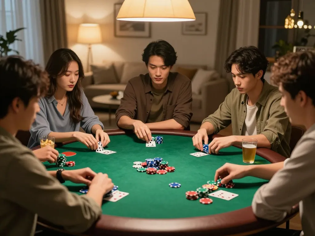 Friends enjoying an engaging poker night at home, embodying king garuda's winning strategies and camaraderie.