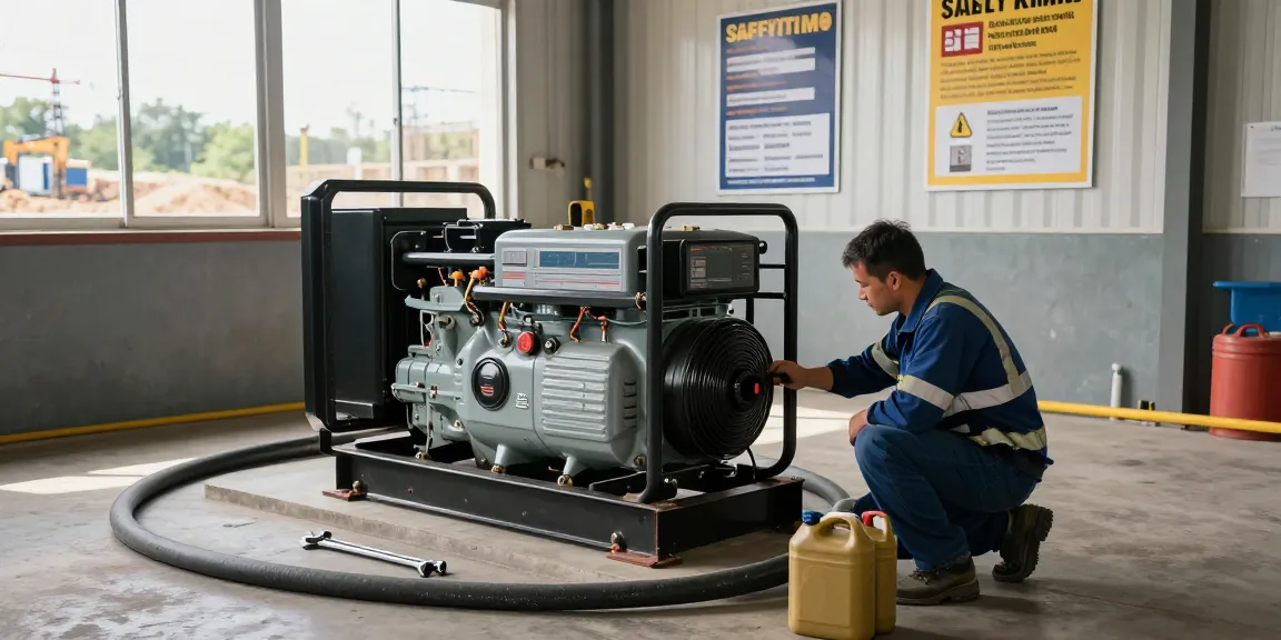 Technician performing maintenance on a diesel genset in an industrial workshop, showcasing safety and operational efficiency.