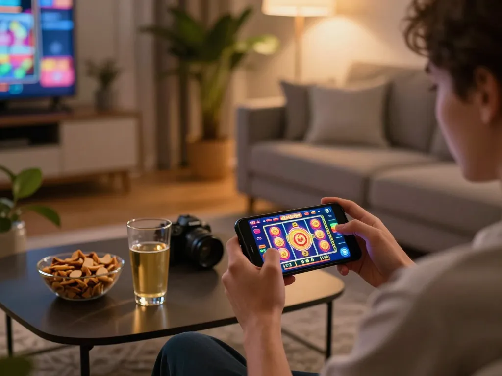 Player enjoying BK88 mobile casino game in a cozy home setup with snacks and warm lighting