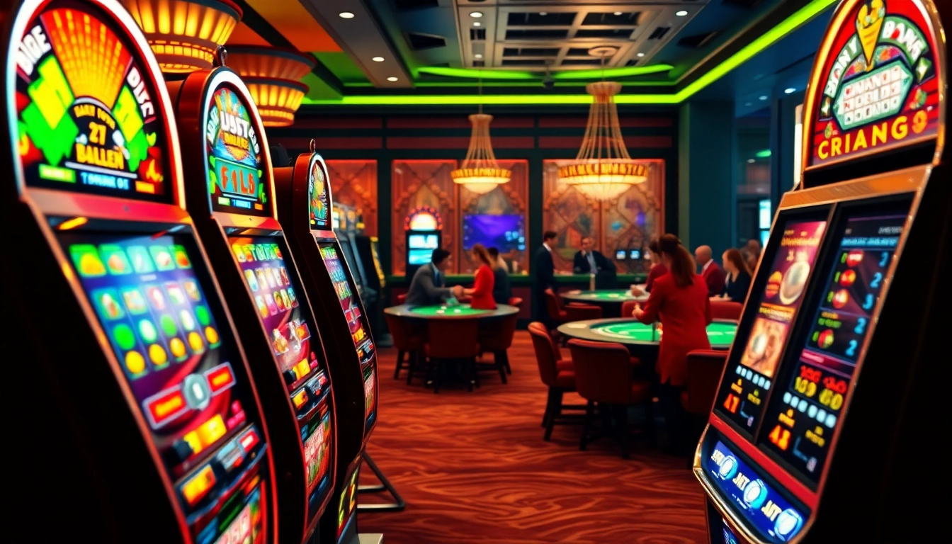 Engage in a vibrant atmosphere of a Non gamstop casino with colorful slot machines and excited players.