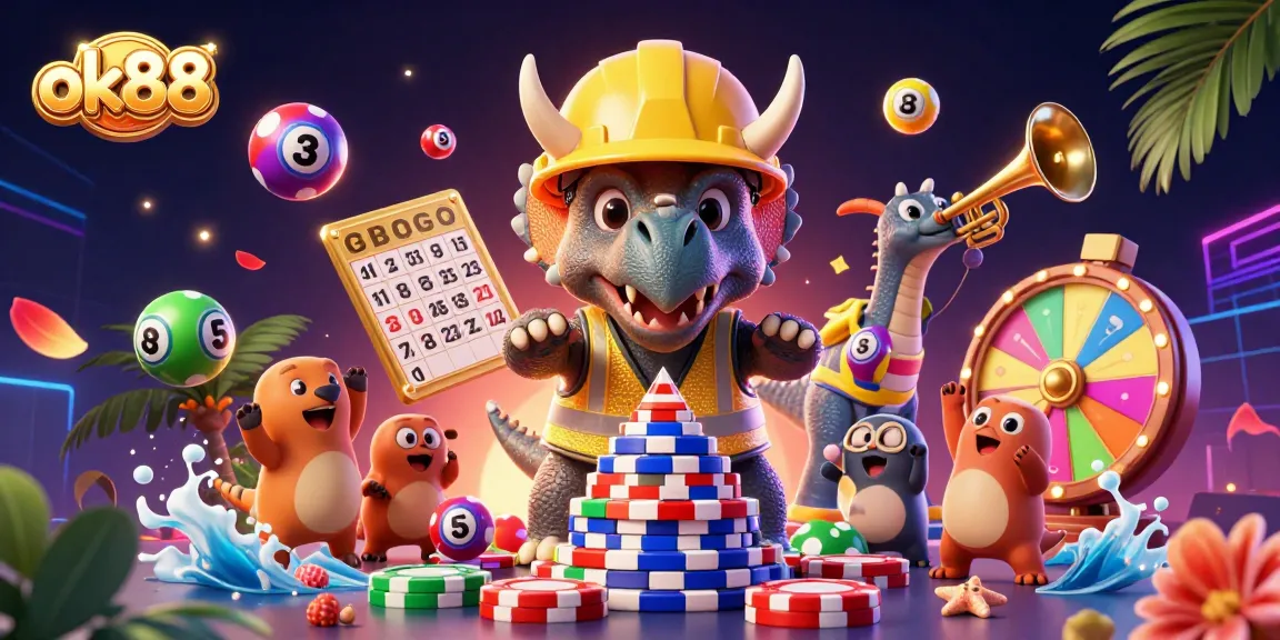 Celebrate exhilarating moments with ok88 as a triceratops builds poker chips surrounded by colorful lottery elements.