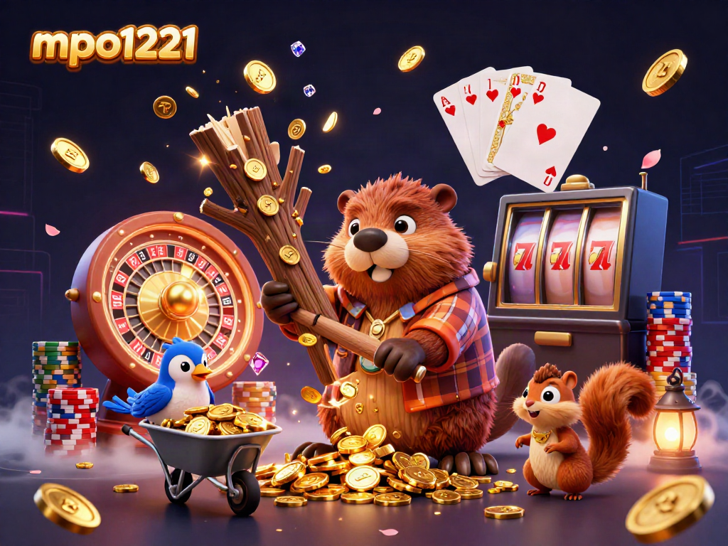 Collect golden coins with mpo1221's engaging cartoon scene featuring animated characters in a casino.
