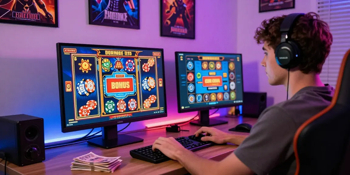 Engaging info slot gaming scene depicting an online player surrounded by casino chips and graphics