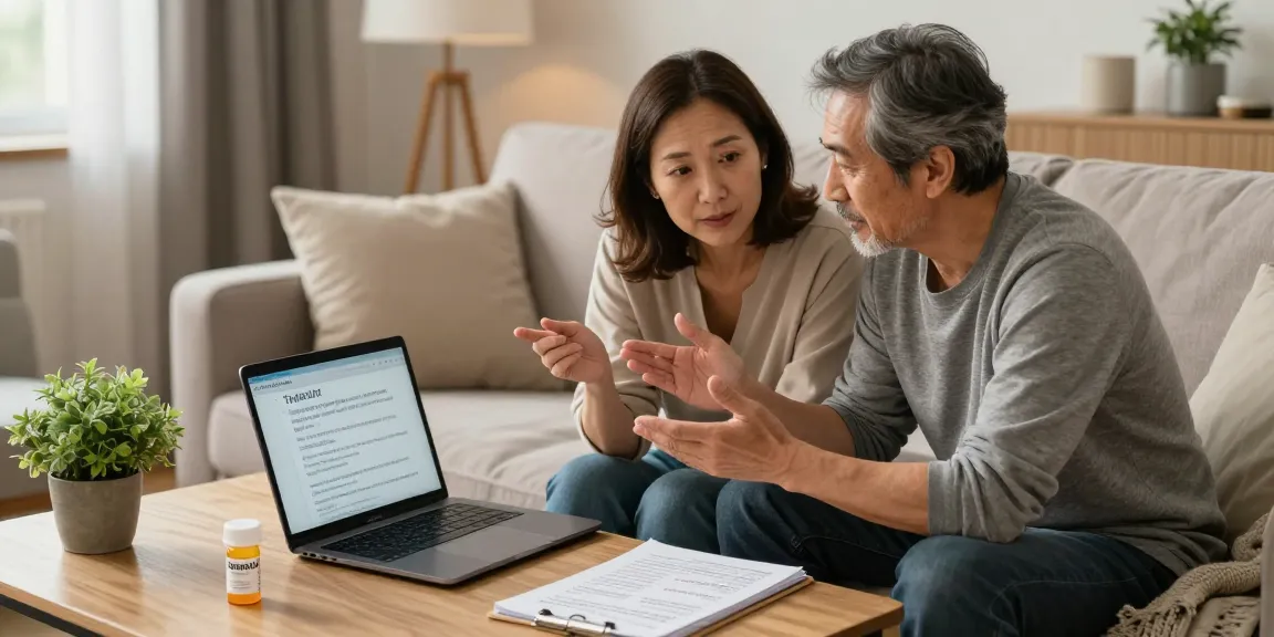 Tadalafil discussions in a cozy living room with a couple reviewing health tips.