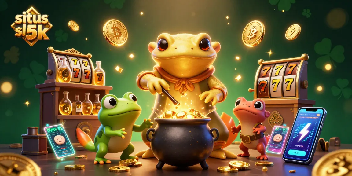 Play and win with situs slot 5k in a vibrant 3D alchemy scene showcasing gold coins and jackpots.