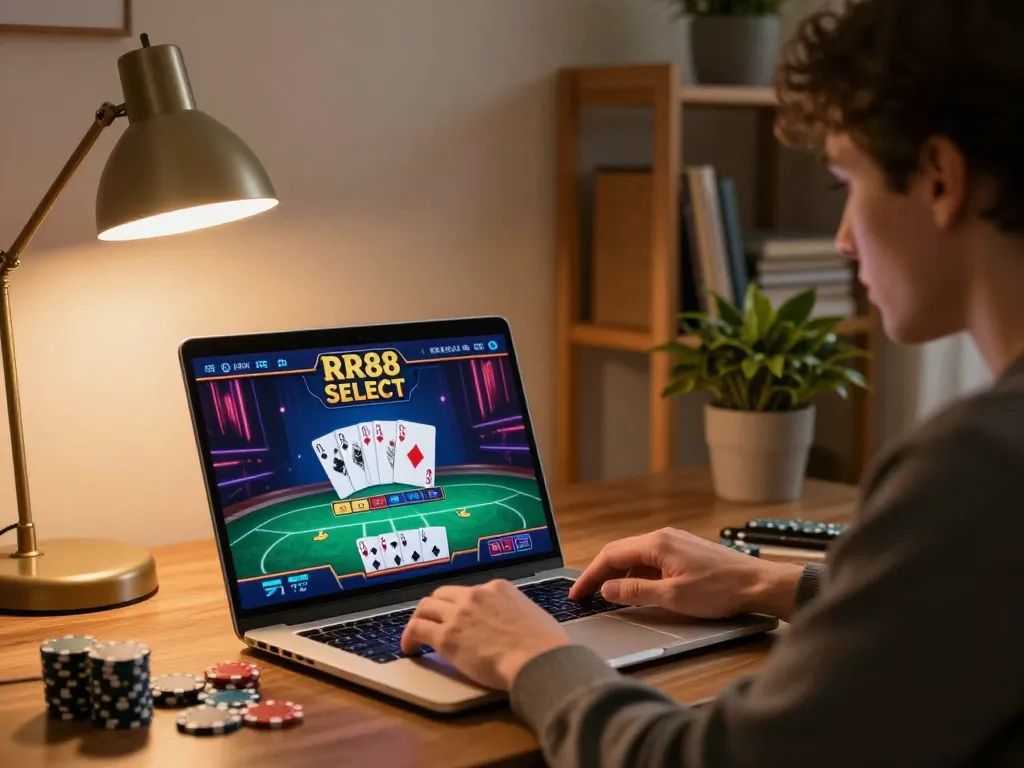 Player engaged in RR88 SELECT online poker game using laptop at home, showcasing strategic gameplay.