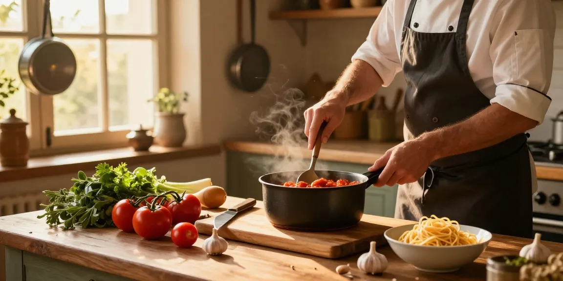 Chef bereitet köstliche hausgemachte Soßen mit frischen Zutaten in einer rustikalen Küche zu