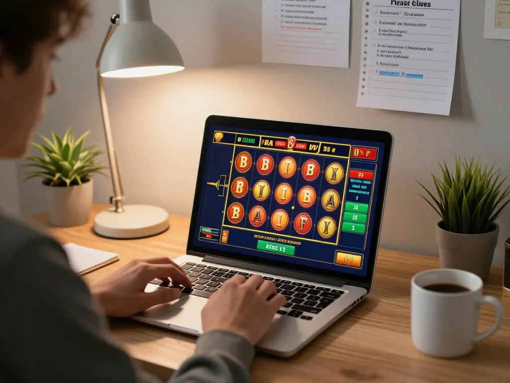 Engaging player spins the slot reels during an online gaming session on a laptop at home.