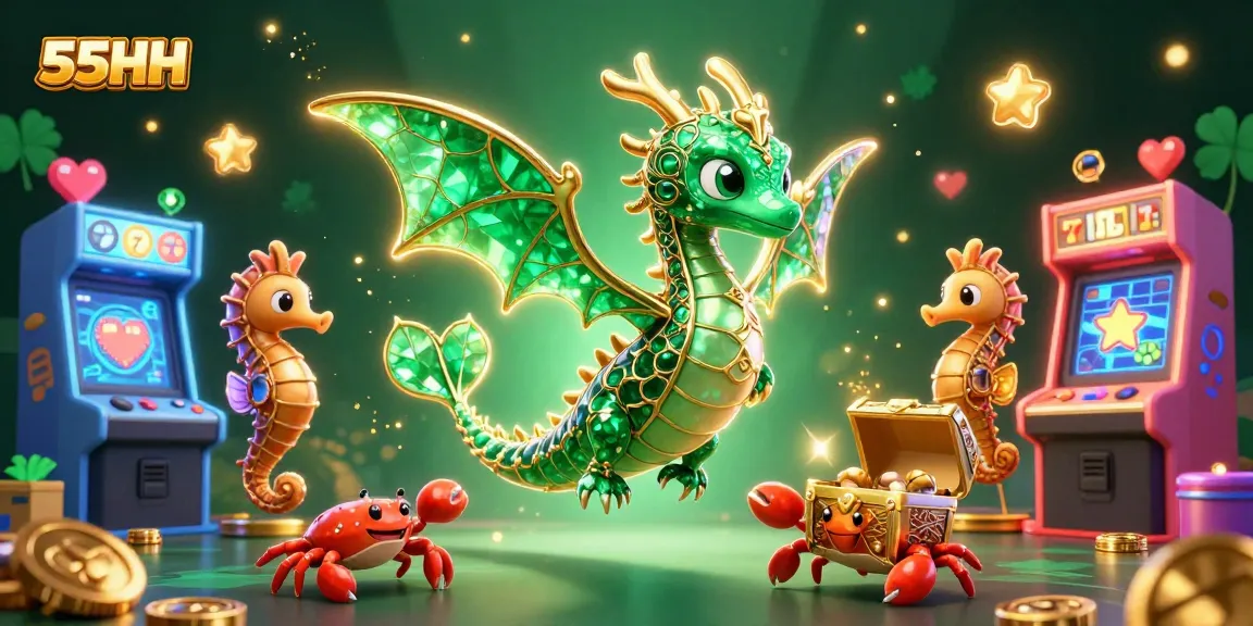 Experience the magic of 55HH with an emerald sea dragon and vibrant casino elements.