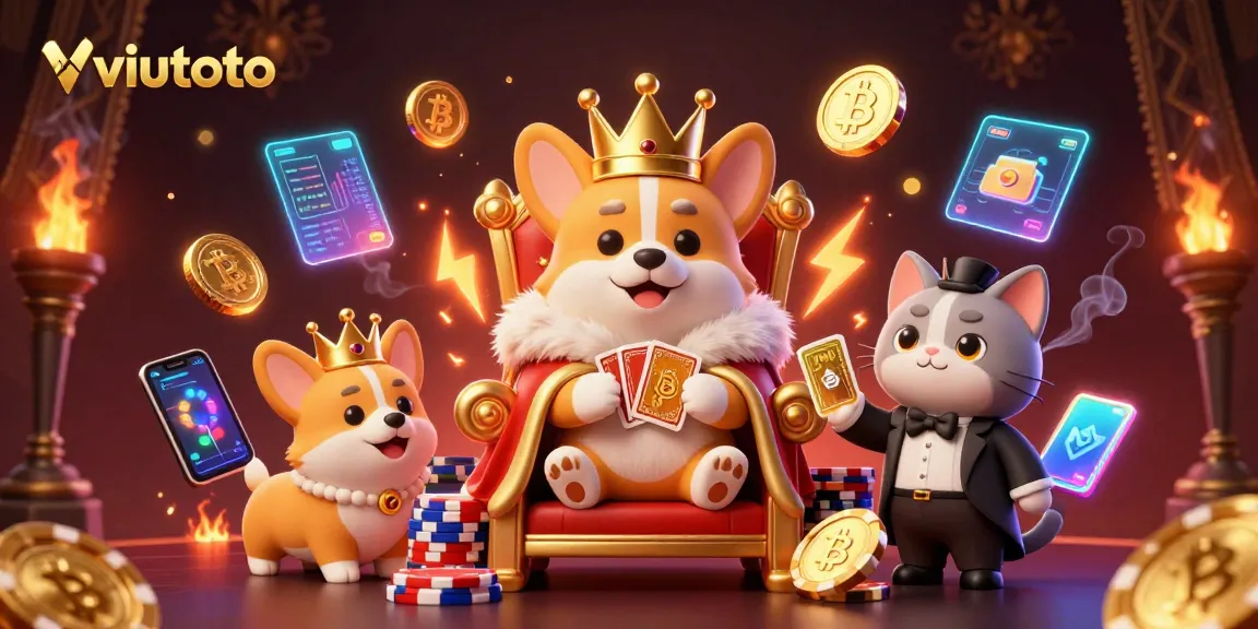 Permainan viutoto menghadirkan corgi kerajaan bermain poker dengan kartu emas yang bersinar.