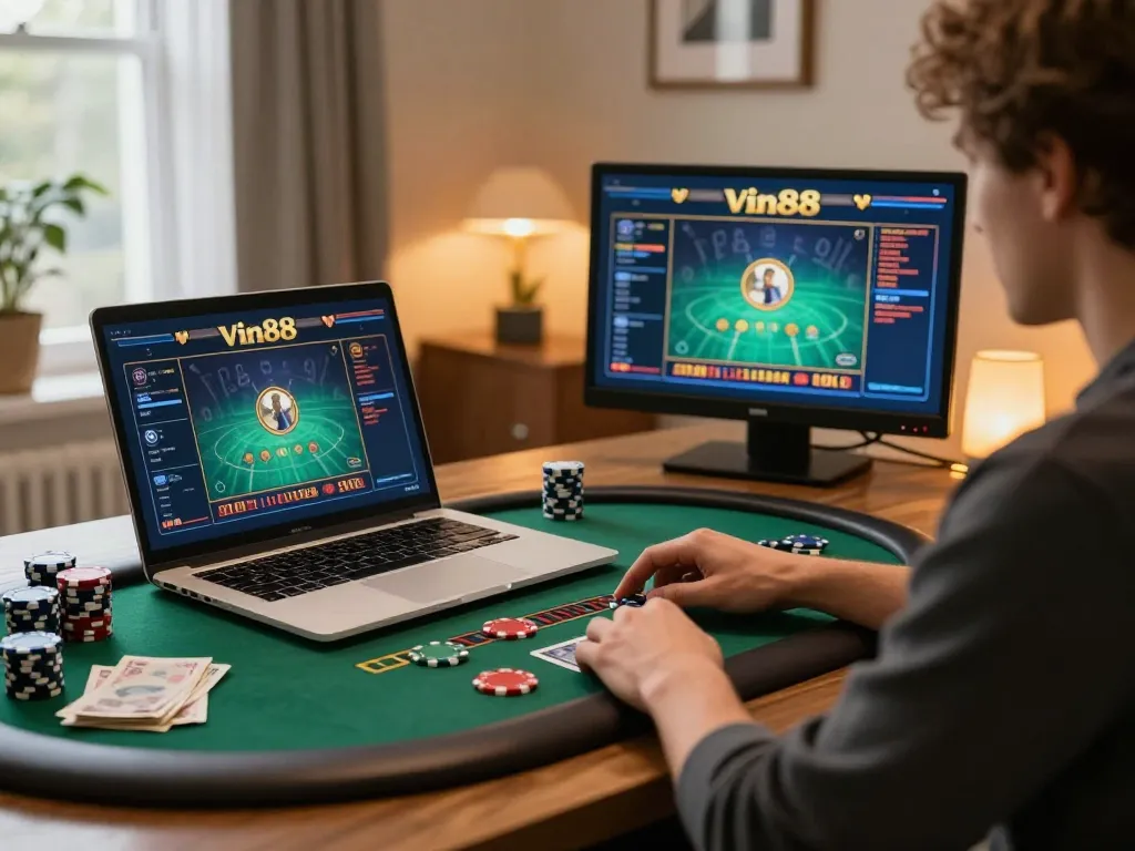 Player winning at vin88 live casino game in a stylish home office setup.
