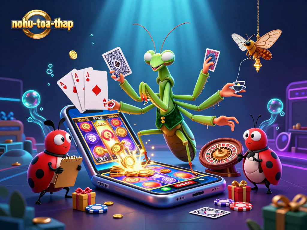 Engage in thrilling nohu-toa-thap gameplay with a dynamic scene showcasing a giant mantis dealing cards and coins.