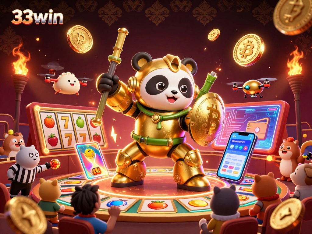 Engage with thrilling action at 33win casino featuring golden panda robot and vibrant crypto elements.