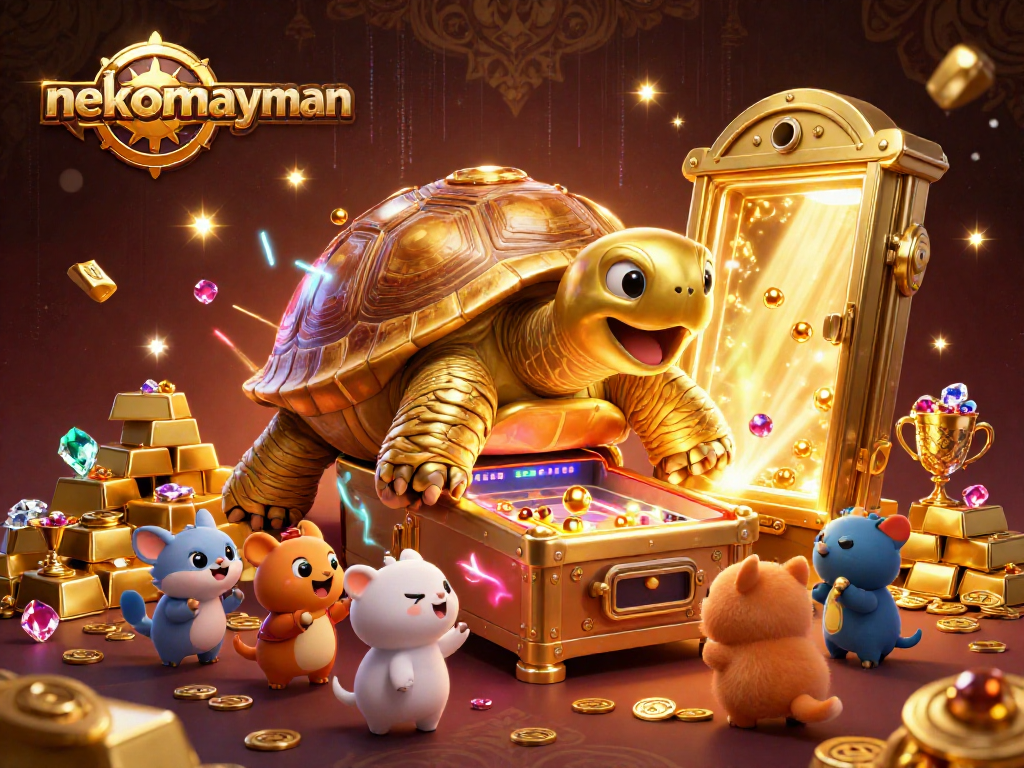 Join the fun at nekomayman as excited animals play on a golden pinball tortoise amidst treasures.
