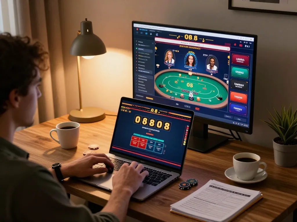Engaging in O8 online casino gameplay with multiple screen displays during a cozy home session