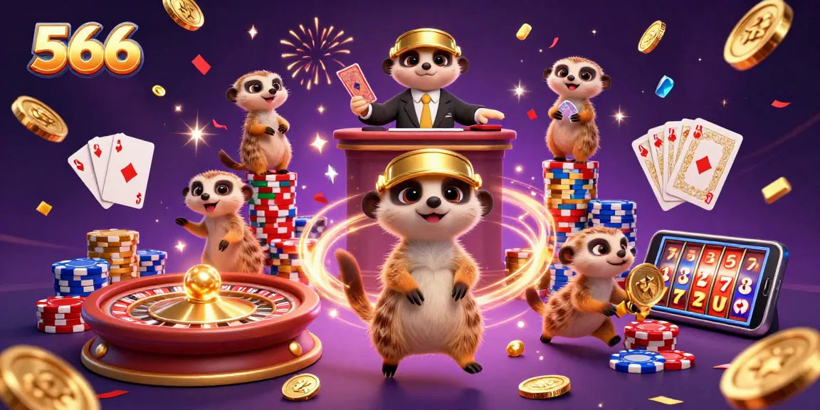 Engage in exciting gameplay at 566 casino, with meerkats managing a vibrant casino filled with gems and coins.