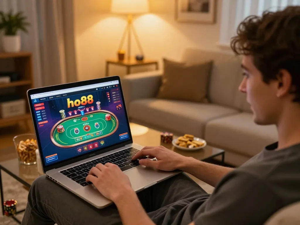 Engaging in online gaming at ho88 with poker game displayed on laptop, showcasing thrilling casino experience