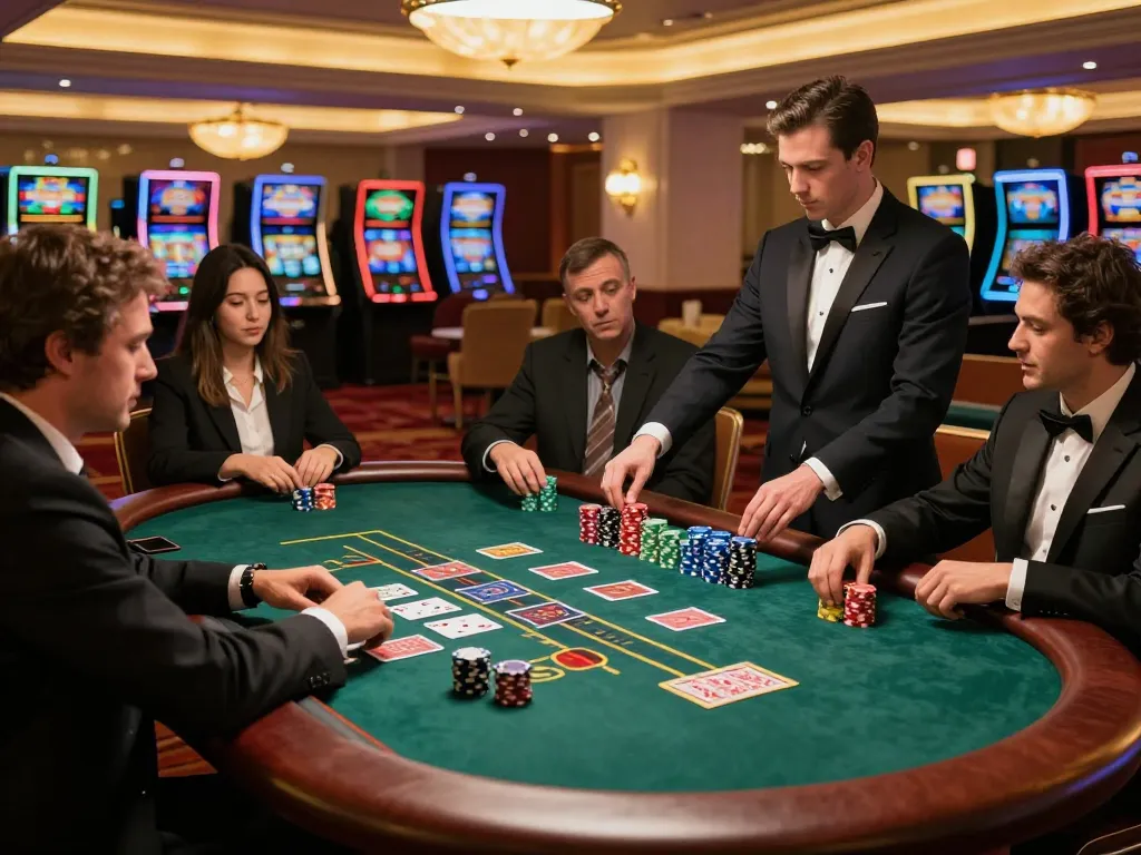 Players enjoying a lively blackjack game at a thabet casino, showcasing strategy and excitement.