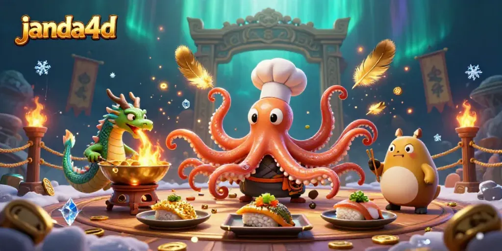 Permainan seru di janda4d dengan karakter 3D memasak makanan emas dan naga hijau.