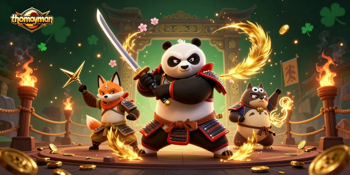 Engage with thrilling adventure and rewards in thomayman, featuring samurai panda and lucky elements.