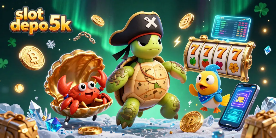 Spin the reels with slot depo 5k featuring a vibrant pirate turtle and treasure elements in 3D.