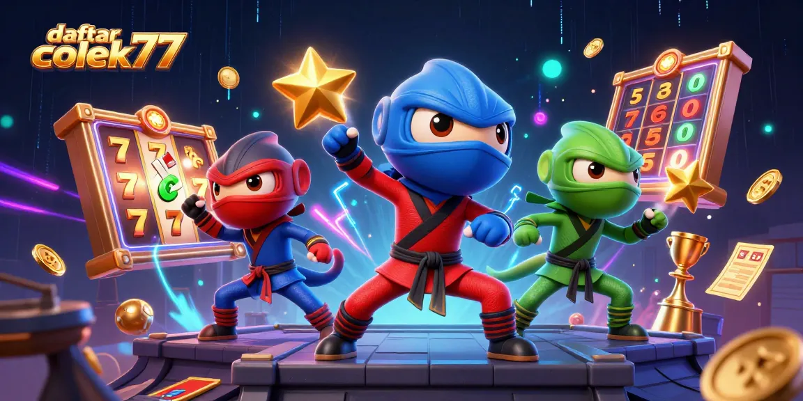 Spin the reels for jackpots with daftar colek77 as colorful ninja chameleons showcase excitement in a dynamic casino scene.