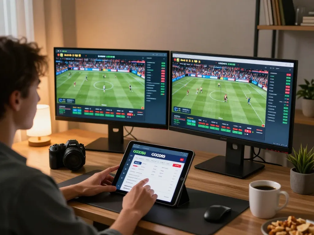 Person engaging in online betting with GOOD88 app on tablet, creating an immersive sports betting experience.