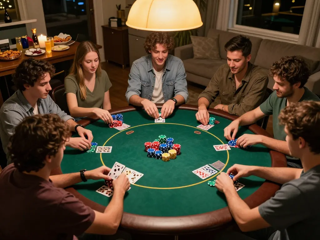 Engaging poker night scene with friends playing vk88 at home, colorful chips and cards in action.