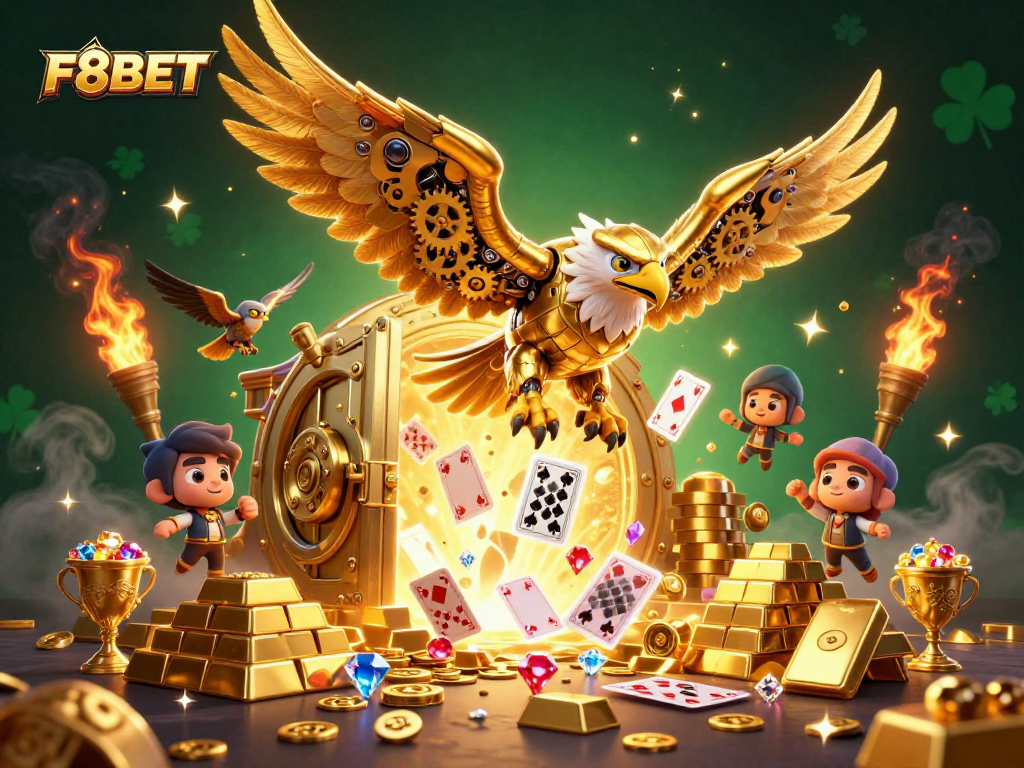 Unleash big wins at F8BET with a golden eagle soaring through vibrant casino elements!