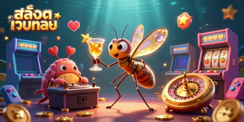 Experience the excitement of สล็อตเว็บตรง with animated characters in a vibrant casino scene.