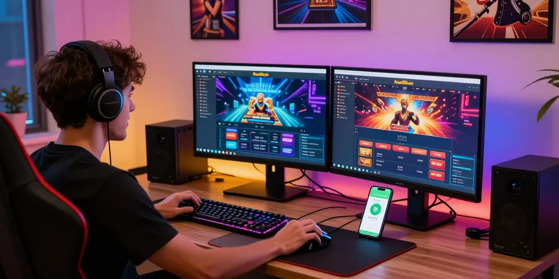 Gamer, der in ein Online-Paysafe-Card-Casino-Erlebnis zu Hause vertieft ist, mit einem lebhaften Gaming-Setup und der Paysafecard-App.