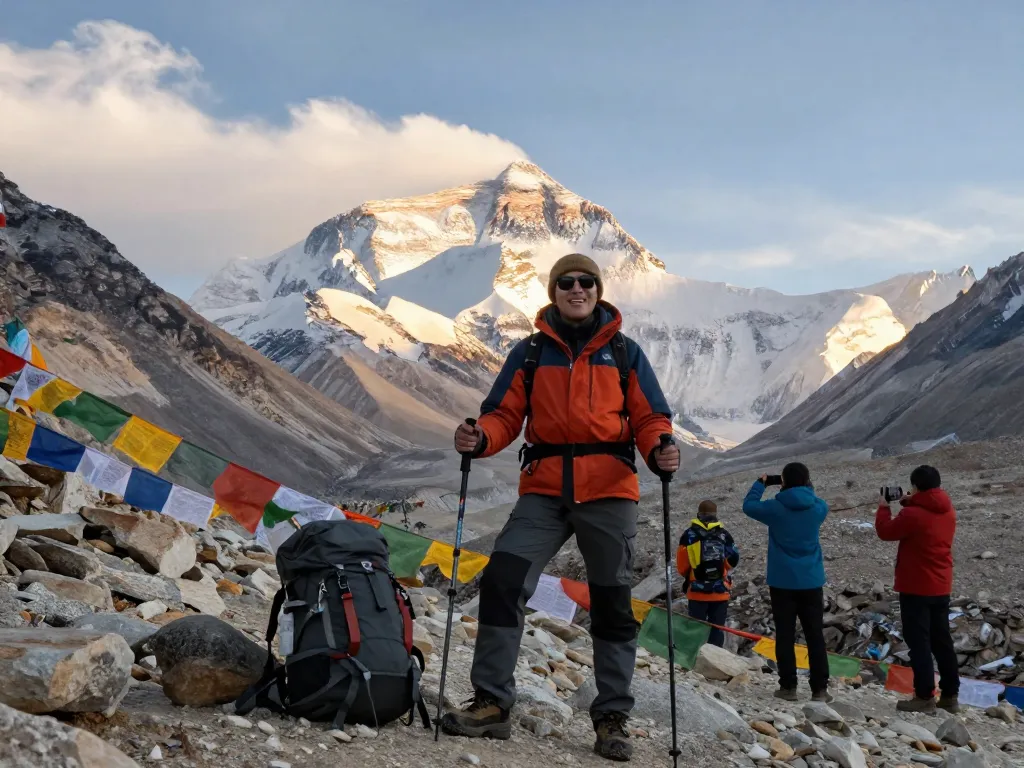 Everest Base Camp Heli Trek at sunrise with joyful traveler and breathtaking mountain views.