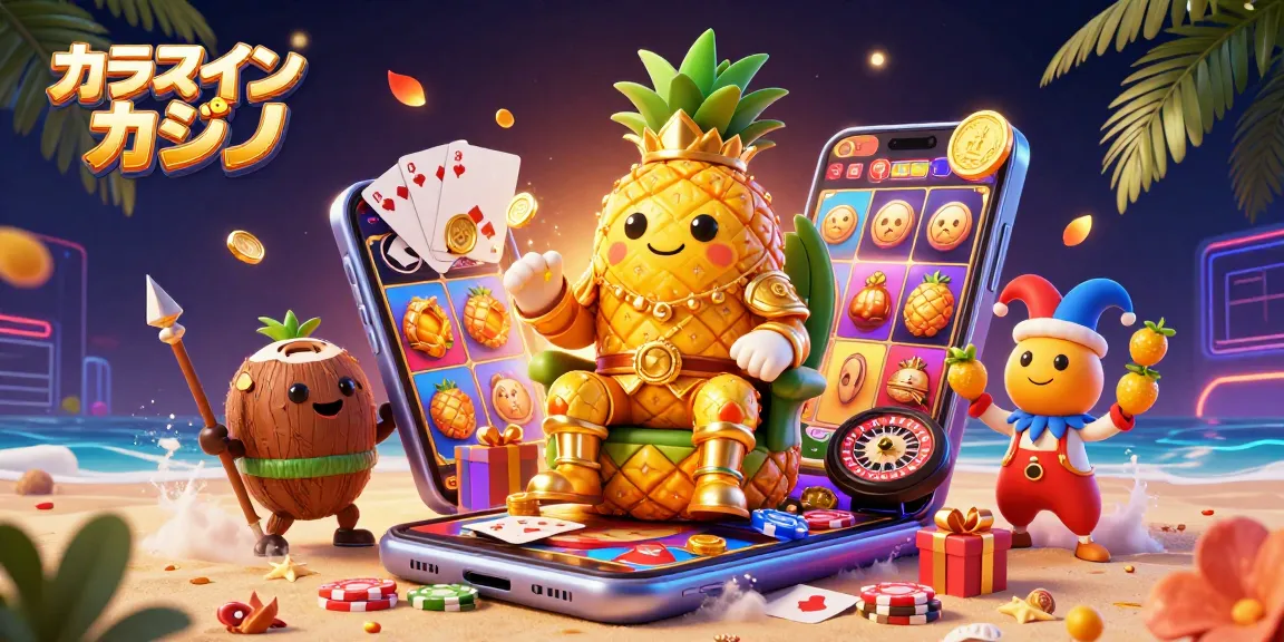 オンラインカジノで遊ぶトロピカルなイラスト、ビーチカジノで楽しむシーン。