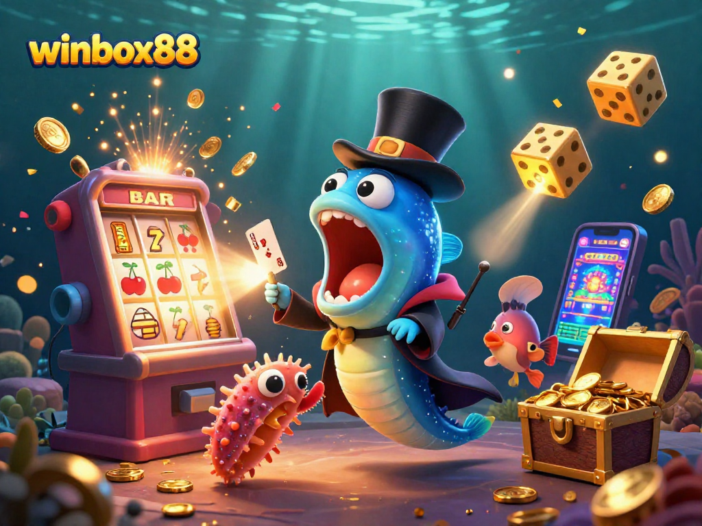 Winbox88 showcases a fun casino scene with bioluminescent creatures performing magic tricks amidst vibrant gaming elements.