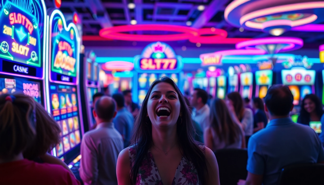 Menampilkan Slot77 dengan grafis cerah dan pemain bersemangat di kasino.