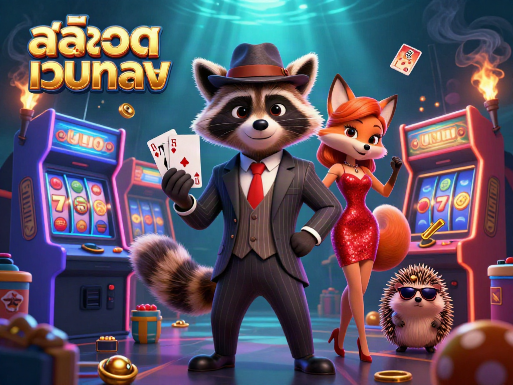 Engage with สล็อตเว็บตรง via a suave raccoon and fox in a vibrant casino scene.