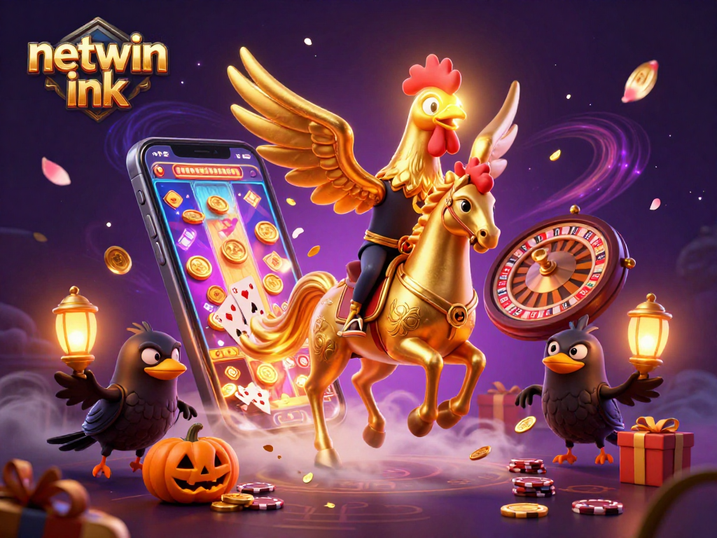 Engaging scene in a casino with golden rooster character promoting netwin ink through slot game excitement.