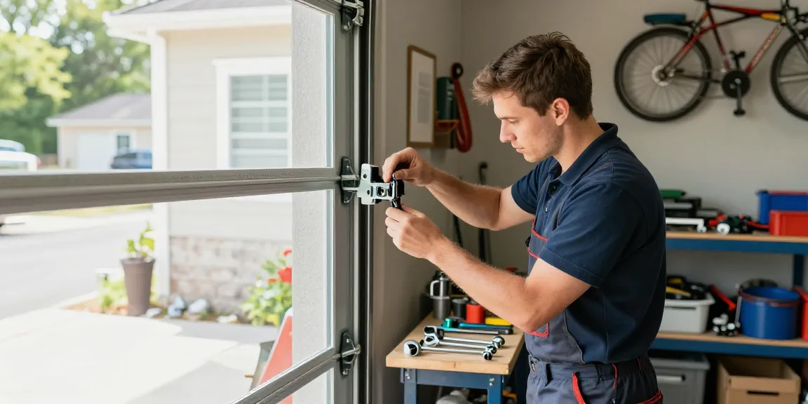 Technician performing roller door repairs perth in a well-lit suburban garage.