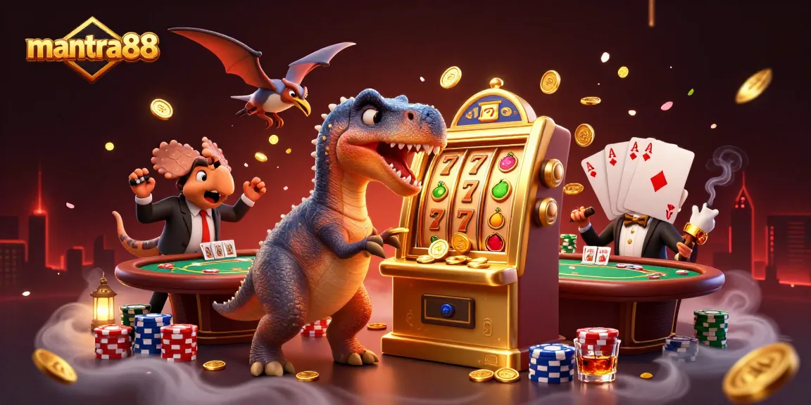 Experience mantra88 thrilling gameplay as a cartoon dinosaur wins big at a bustling casino!