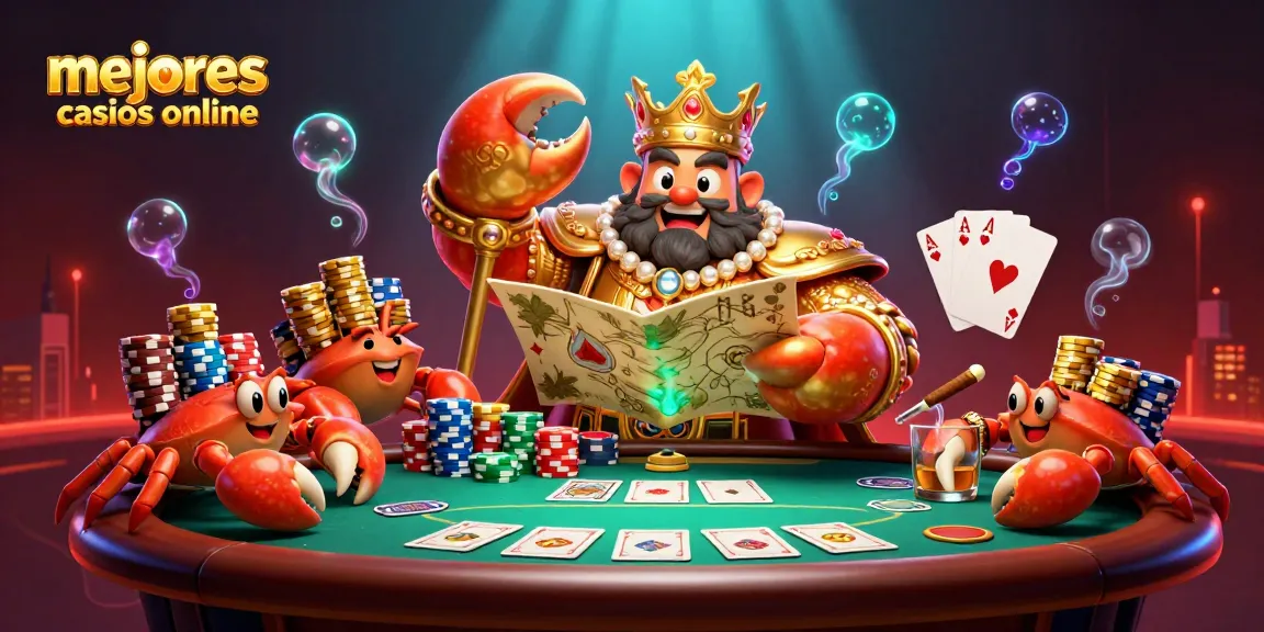 Disfruta de los mejores casinos online con un cangrejo emperador repleto de fichas y cartas de póker.