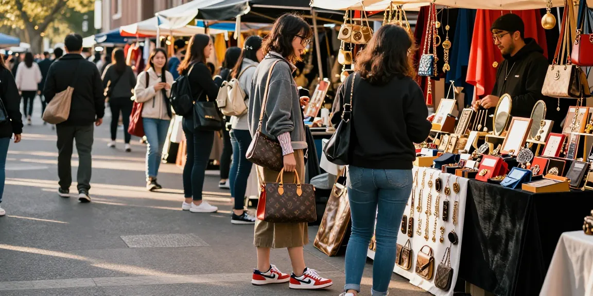 Fashionable individual exploring 레플리카 products in a vibrant urban market.