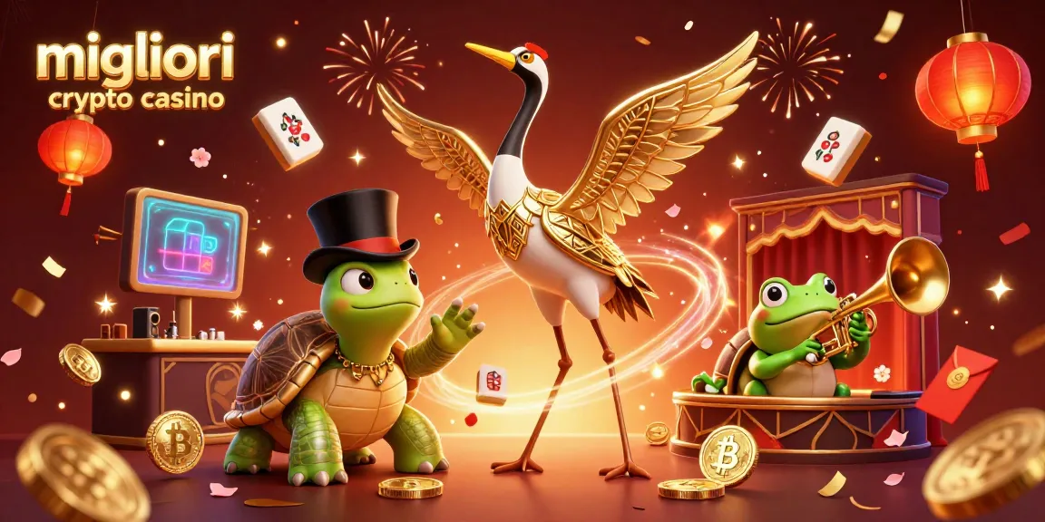 Migliori crypto casino: Illustrazione di un casinò animato con monete Bitcoin e Ethereum, festeggiamenti, e personaggi giocosi.