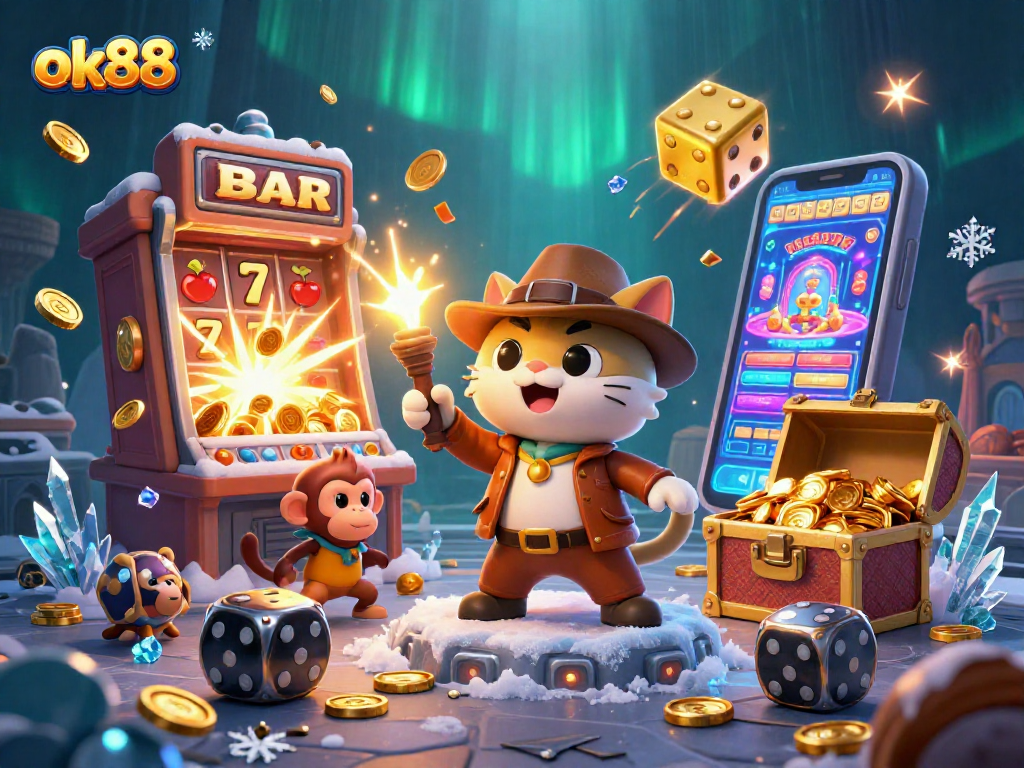 Eagerly explore casino treasures at ok88 in this vibrant 3D scene bursting with winnings.