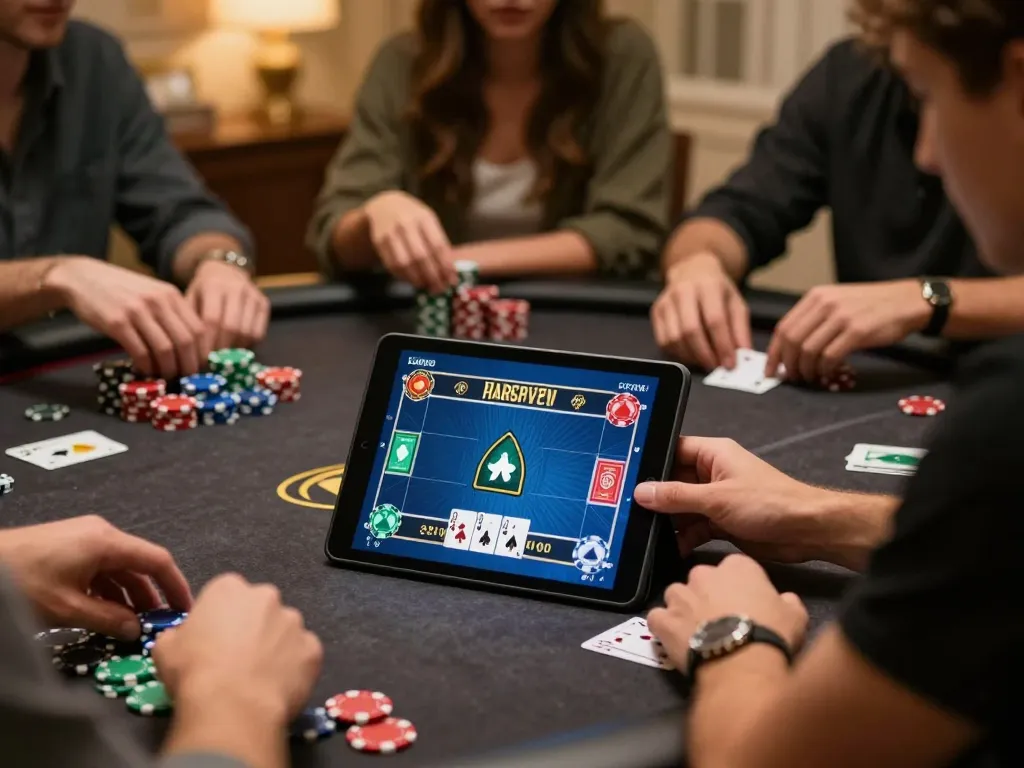 Engaging poker Uang Asli Dominobet game moment with players involved in a friendly home environment