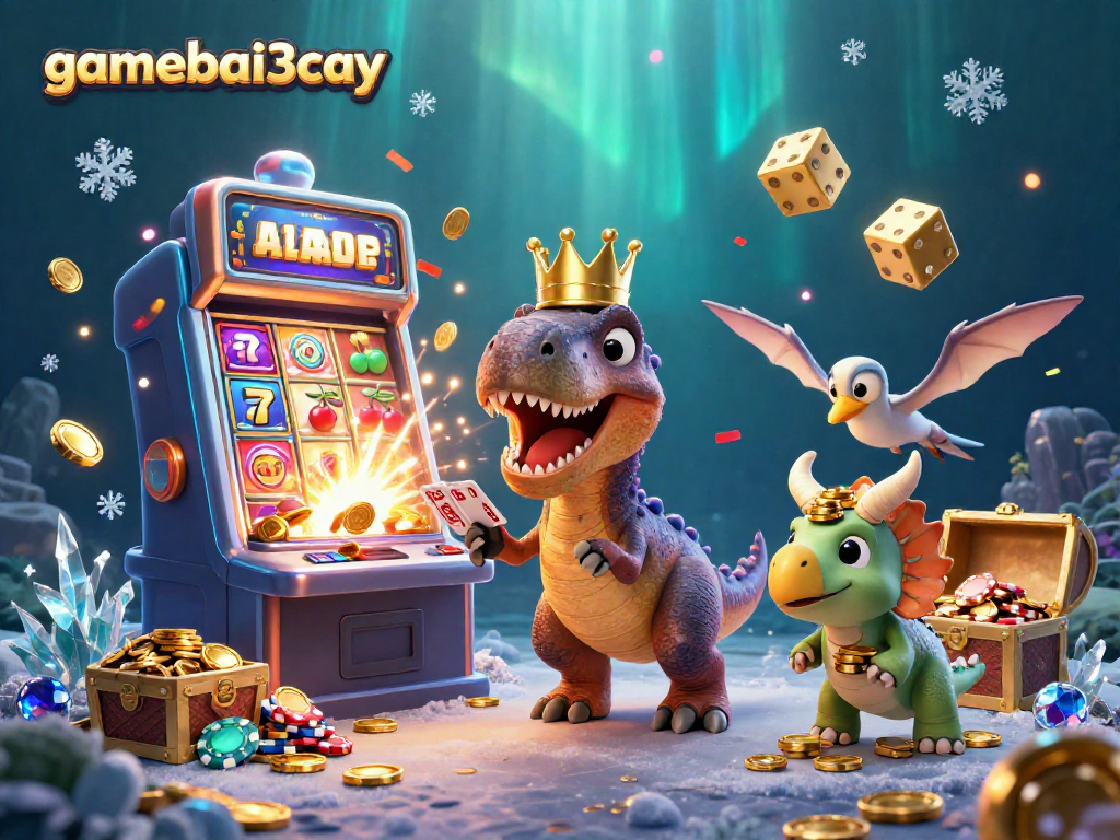 Experience exciting casino games with gamebai3cay as characters shuffle cards and stack chips in a vibrant illustration.