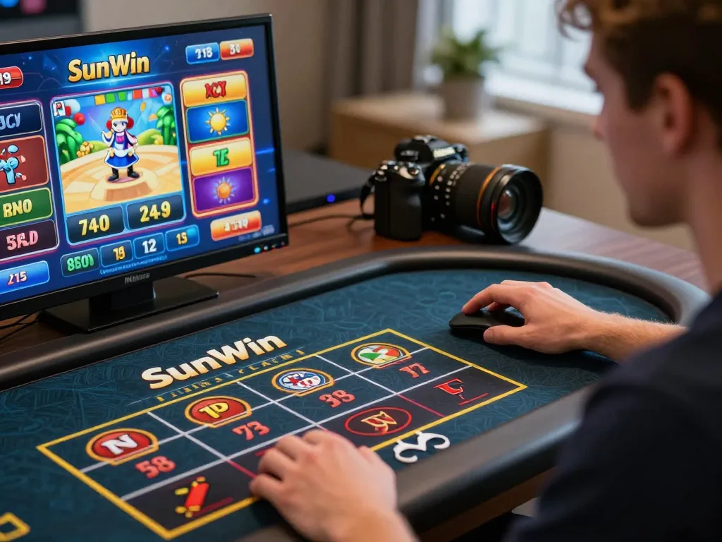 Sunwin player engaging in online betting with a vibrant game interface in focus.