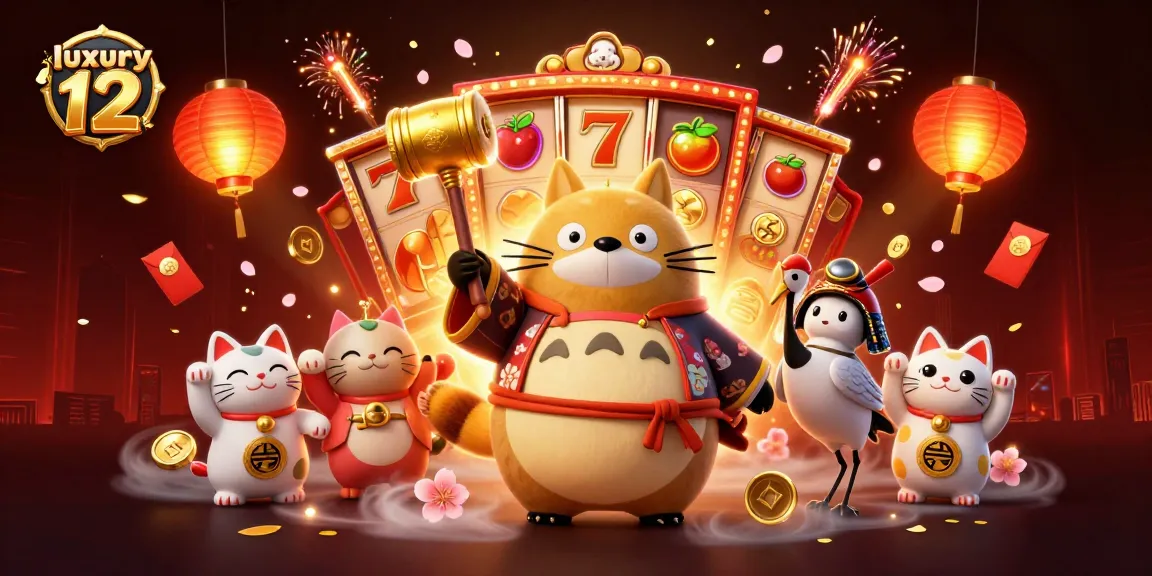 Experience luxury 12 action with cheerful tanuki, vibrant slot reels, and festive elements.